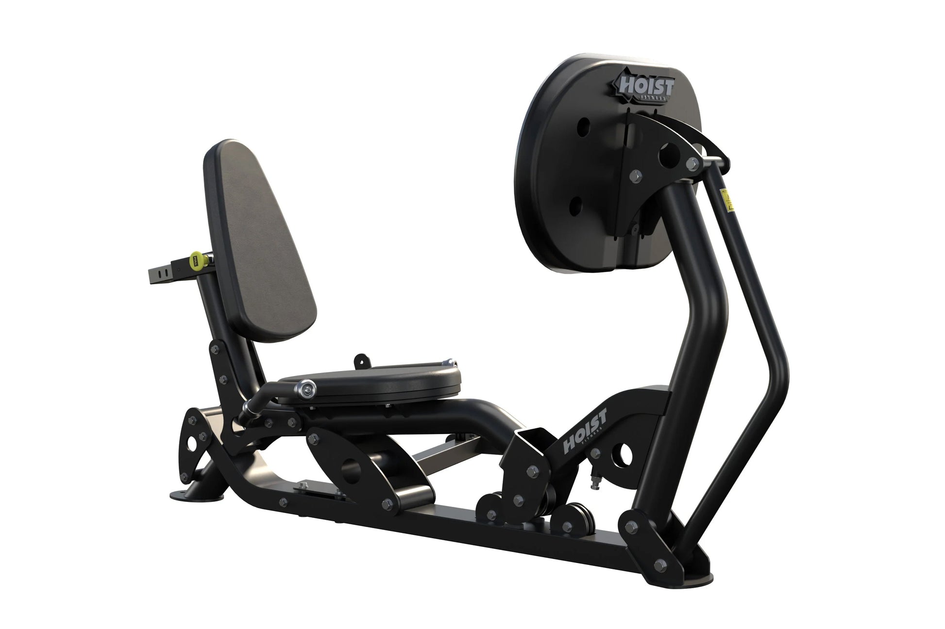 Hoist ROC-IT Ride Leg Press machine with black frame, gray padded seat and backrest, foot pedals, and circular resistance whe