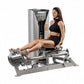 Hoist ROC-IT Rotary Calf Machine with silver and black frame, demonstrated by model in black sports bra and shorts