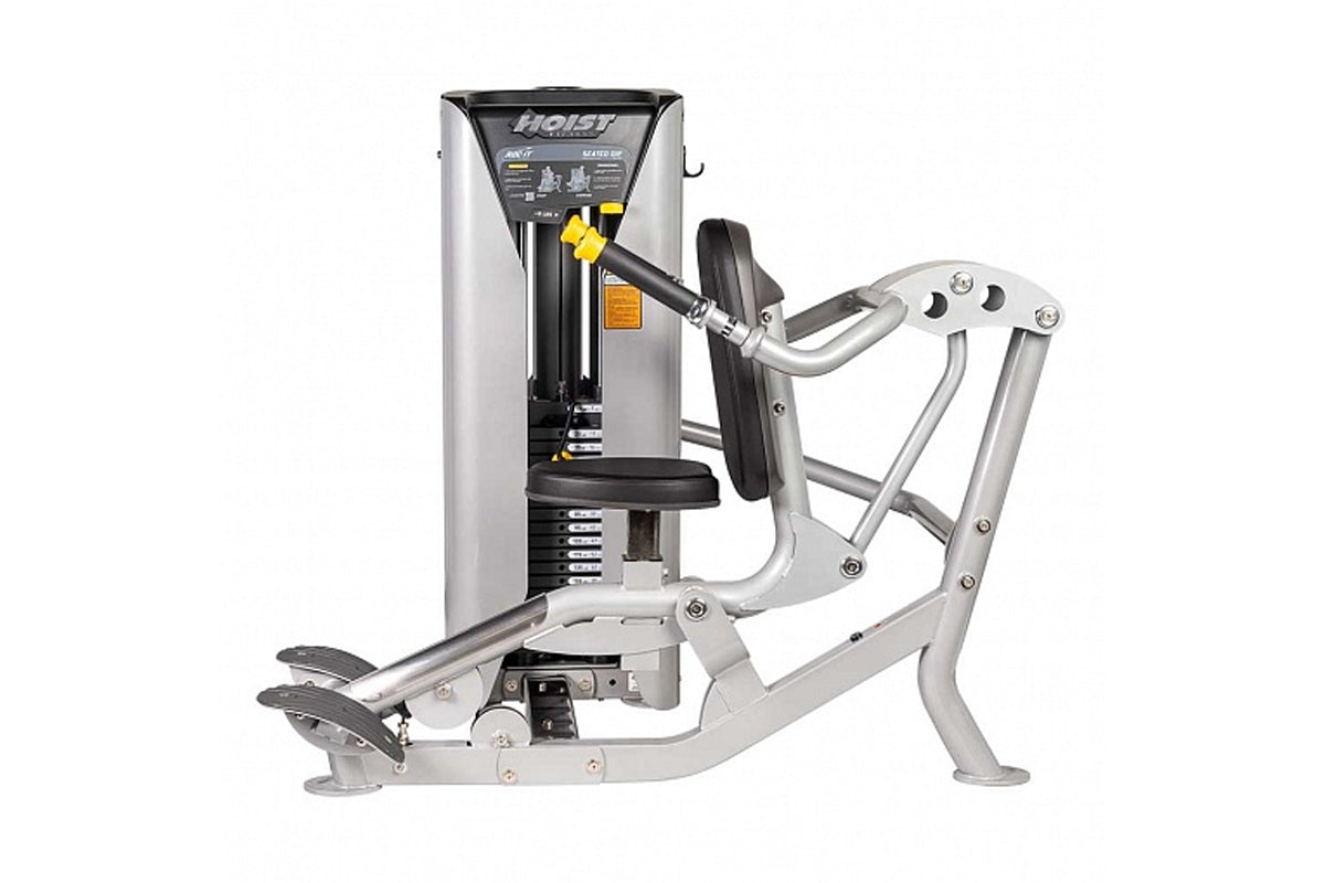 Hoist ROC-IT Seated Dip Machine with silver and black frame, padded seat and handles, on white background