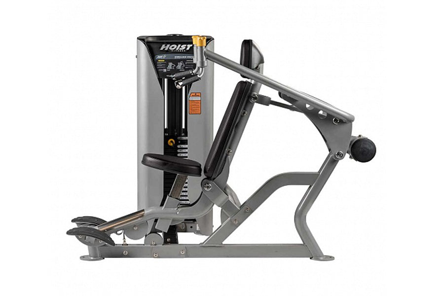 Hoist ROC-IT shoulder press machine with gray frame, black seat and handles, and orange accent label on white background
