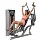 Woman in pink sports bra and shorts using gray Hoist shoulder press machine with overhead handles on white background