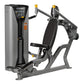 Hoist ROC-IT shoulder press machine with gray and black frame, black padded seat and backrest, dual yellow handles, on white 