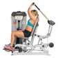 Hoist ROC-IT Triceps Extension Machine with silver frame, demonstrated by woman in turquoise sports bra performing triceps ex