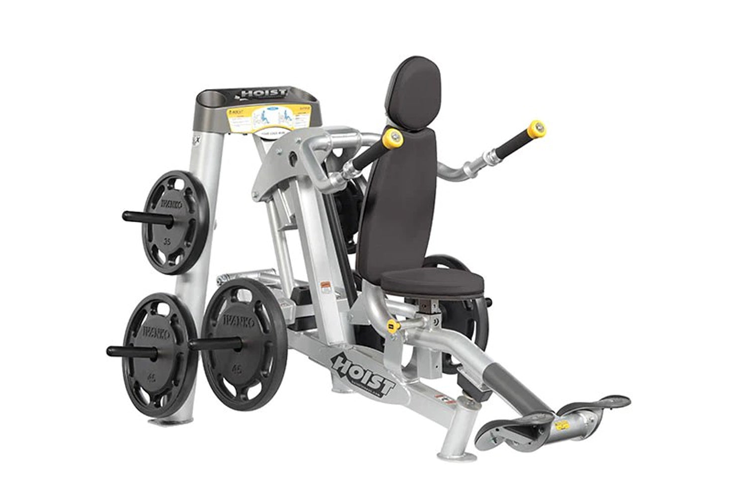 Hoist ROC-IT Seated Dip machine with silver frame, black padded seat, weight plates, and dual handles on white background