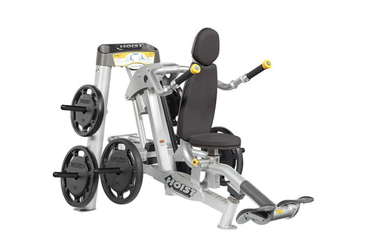 Hoist ROC-IT Seated Dip machine with silver frame, black padded seat, weight plates, and dual handles on white background