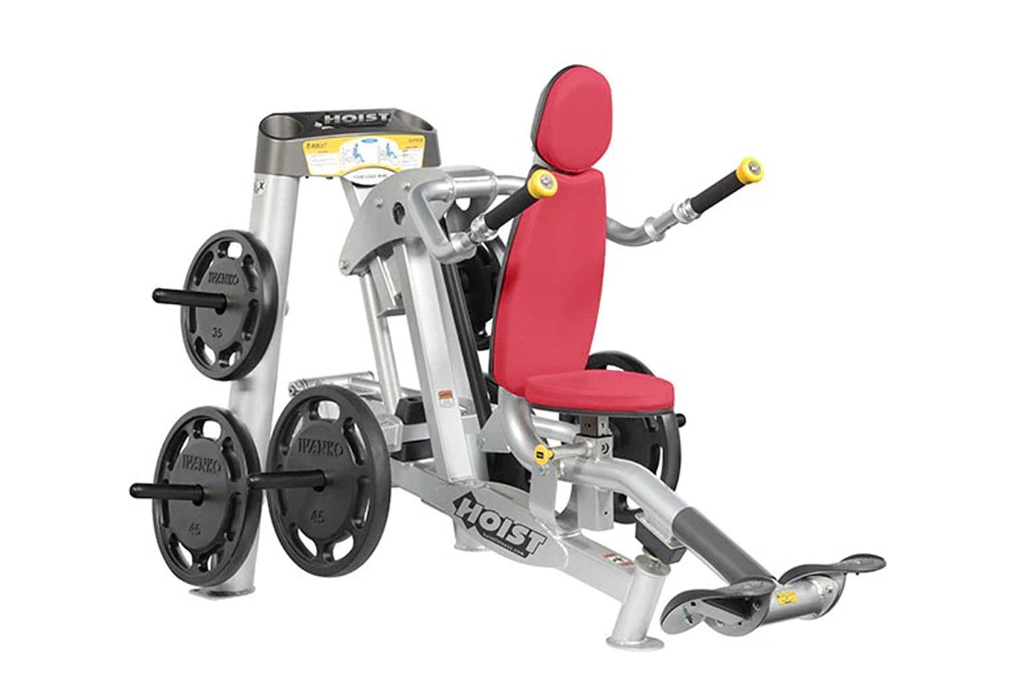 Hoist ROC-IT seated dip machine with silver frame, red padded seat and backrest, black weight plates, and yellow handles on w