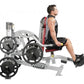 Hoist ROC-IT leg press machine with silver frame, black weight plates, and red padded seat, shown with male model demonstrati