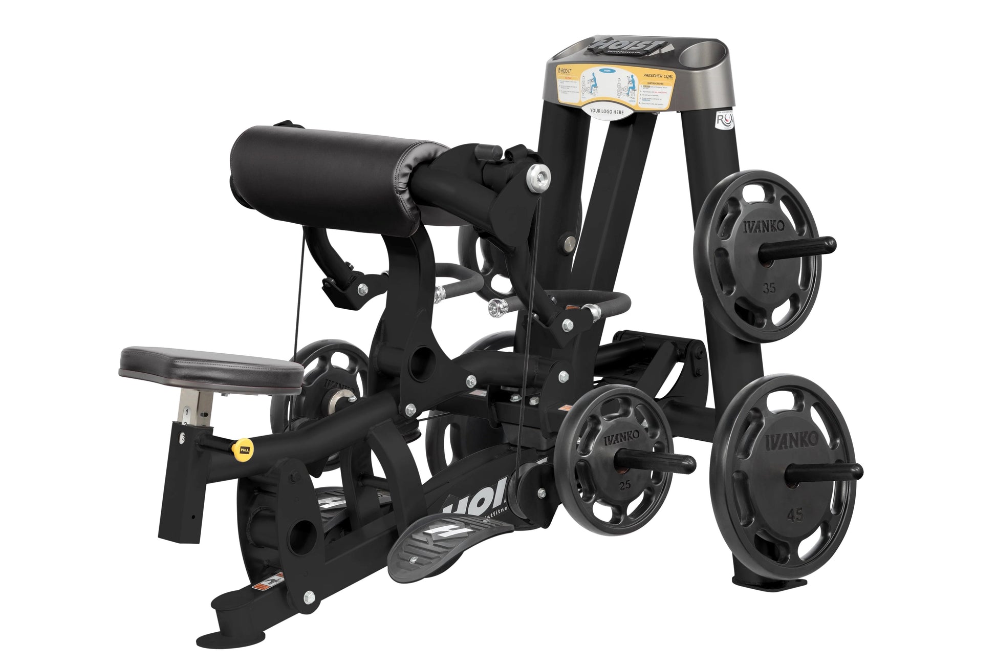 Hoist ROC-IT Biceps Curl machine in black with padded armrests, weight plates, and Ivanko branded discs on white background