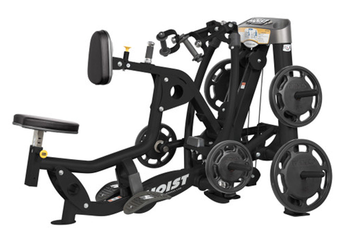 Hoist ROC-IT black biceps curl machine with weight plates and adjustable seat on white background