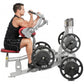 Man seated on silver and red exercise machine with black weight plates, performing biceps curl with handles