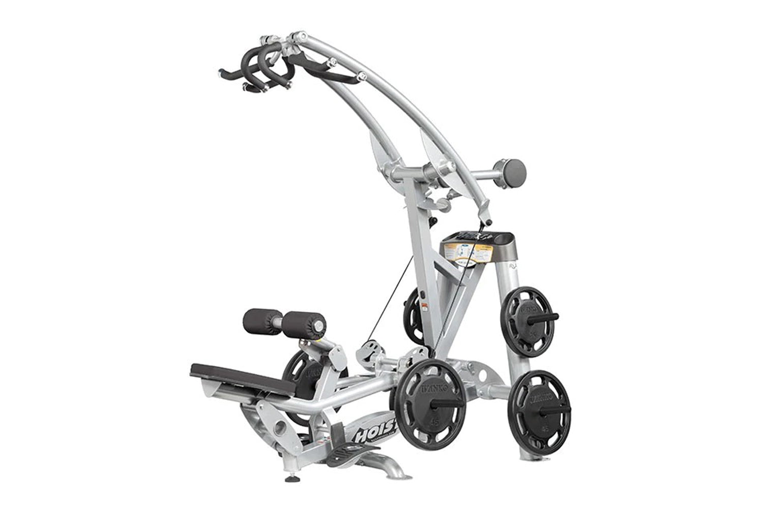 Hoist ROC-IT silver and black lat pulldown machine with weight plates, foot pedal, and handlebar attachment on white backgrou