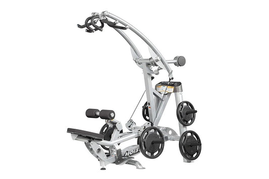 Hoist ROC-IT silver and black lat pulldown machine with weight plates, foot pedal, and handlebar attachment on white backgrou