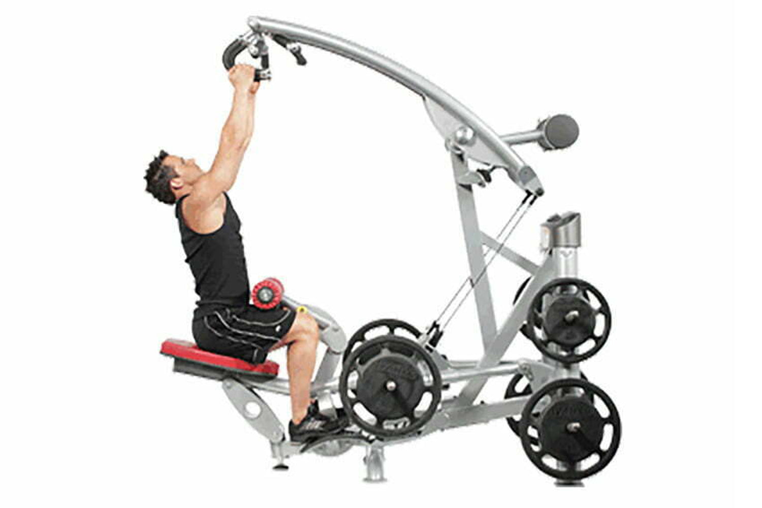 Man using silver and black lat pulldown machine with red seat, demonstrating upper body exercise form