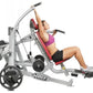 Hoist ROC-IT lat pulldown machine with silver frame and red seat pad, shown in use by model on white background