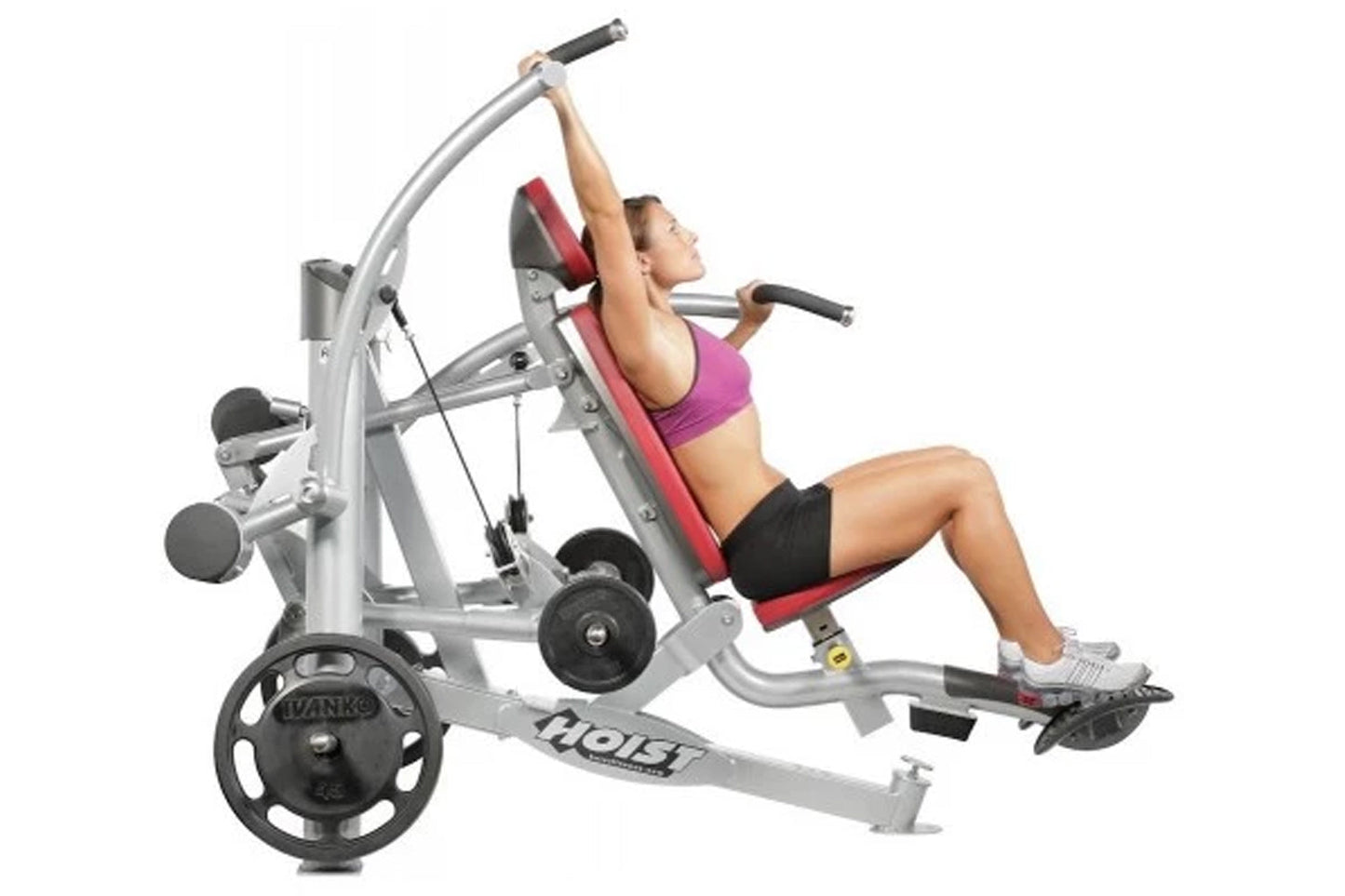Hoist ROC-IT lat pulldown machine with silver frame and red seat pad, shown in use by model on white background