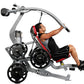 Hoist ROC-IT Lat Pulldown machine with silver frame, black weight plates, and red padded seat, demonstrated by male user in p