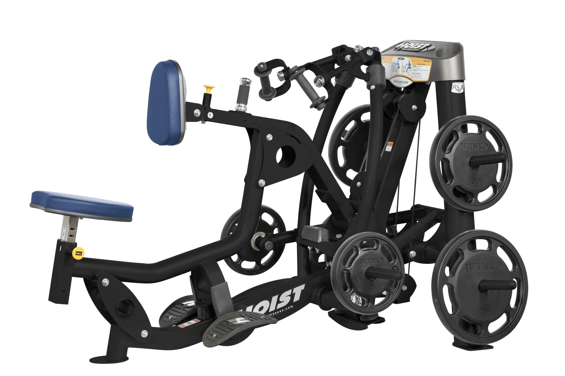 Hoist ROC-IT Seated Mid Row machine with black frame, blue padded seat and backrest, weight plates, and handle bars on white 