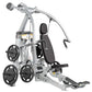 Hoist ROC-IT Chest Press Machine with silver frame, black padded seat and backrest, weight plates, and overhead pull-down bar