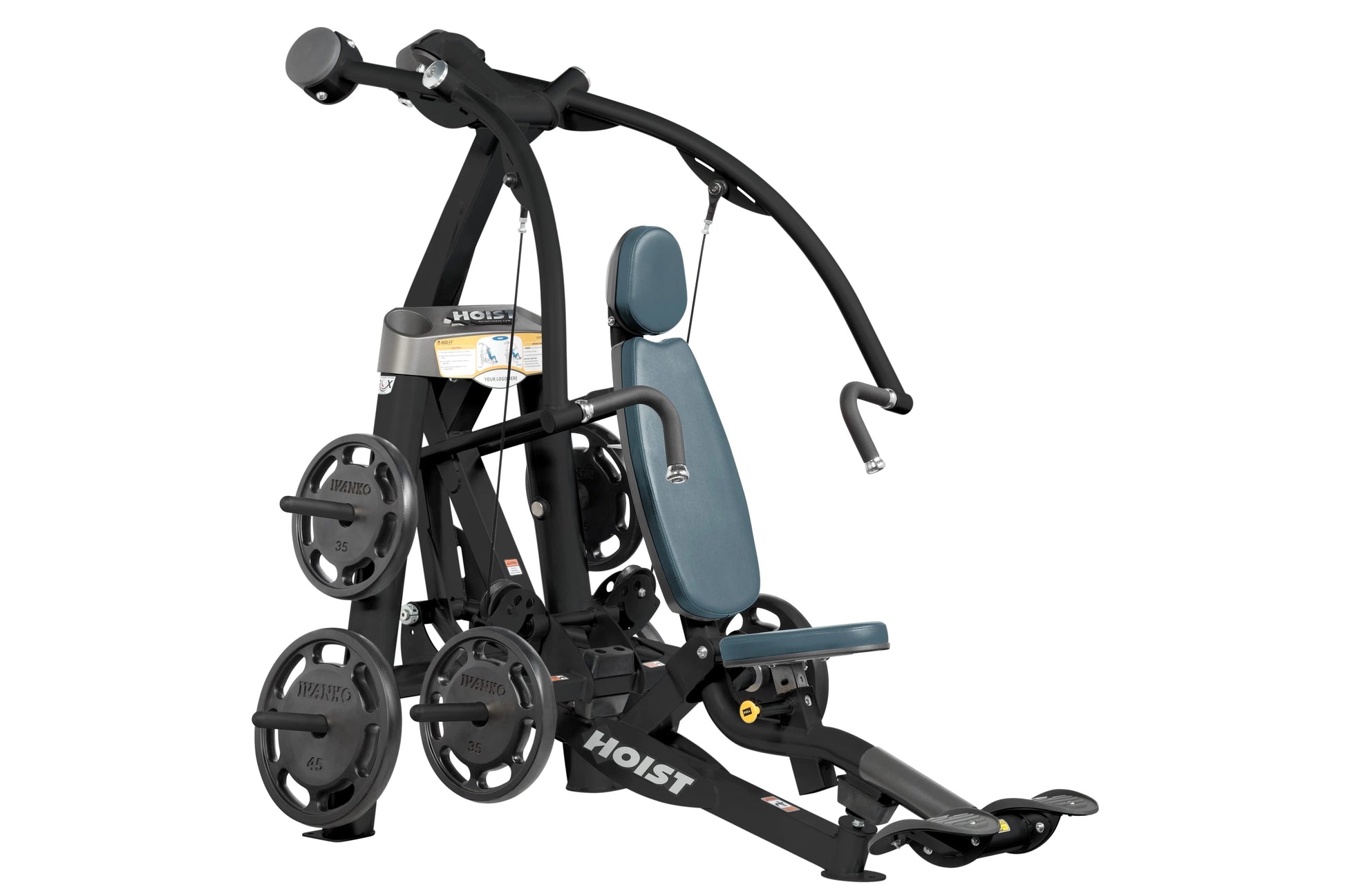 Hoist ROC-IT black chest press machine with teal padded seat and backrest, weight plates, on white background