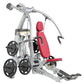 Silver and red Hoist ROC-IT chest press machine with red padded backrest and seat, black weight plates, and adjustable handle