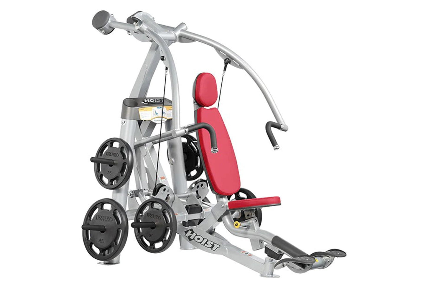 Silver and red Hoist ROC-IT chest press machine with red padded backrest and seat, black weight plates, and adjustable handle