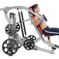 Woman using silver and black chest press machine with red back padding and weight plates, shown in profile on white backgroun