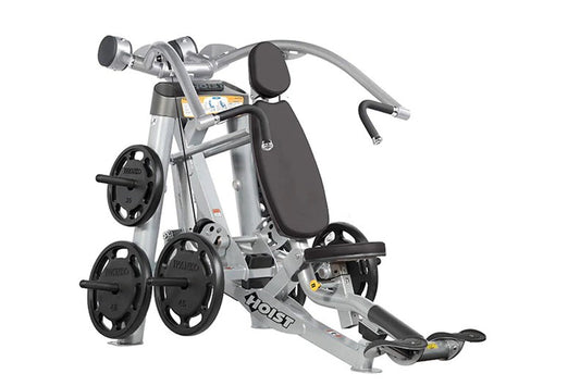 Hoist ROC-IT Incline Chest Press Machine with silver frame, black padded seat and backrest, dual weight plate pegs, and adjus