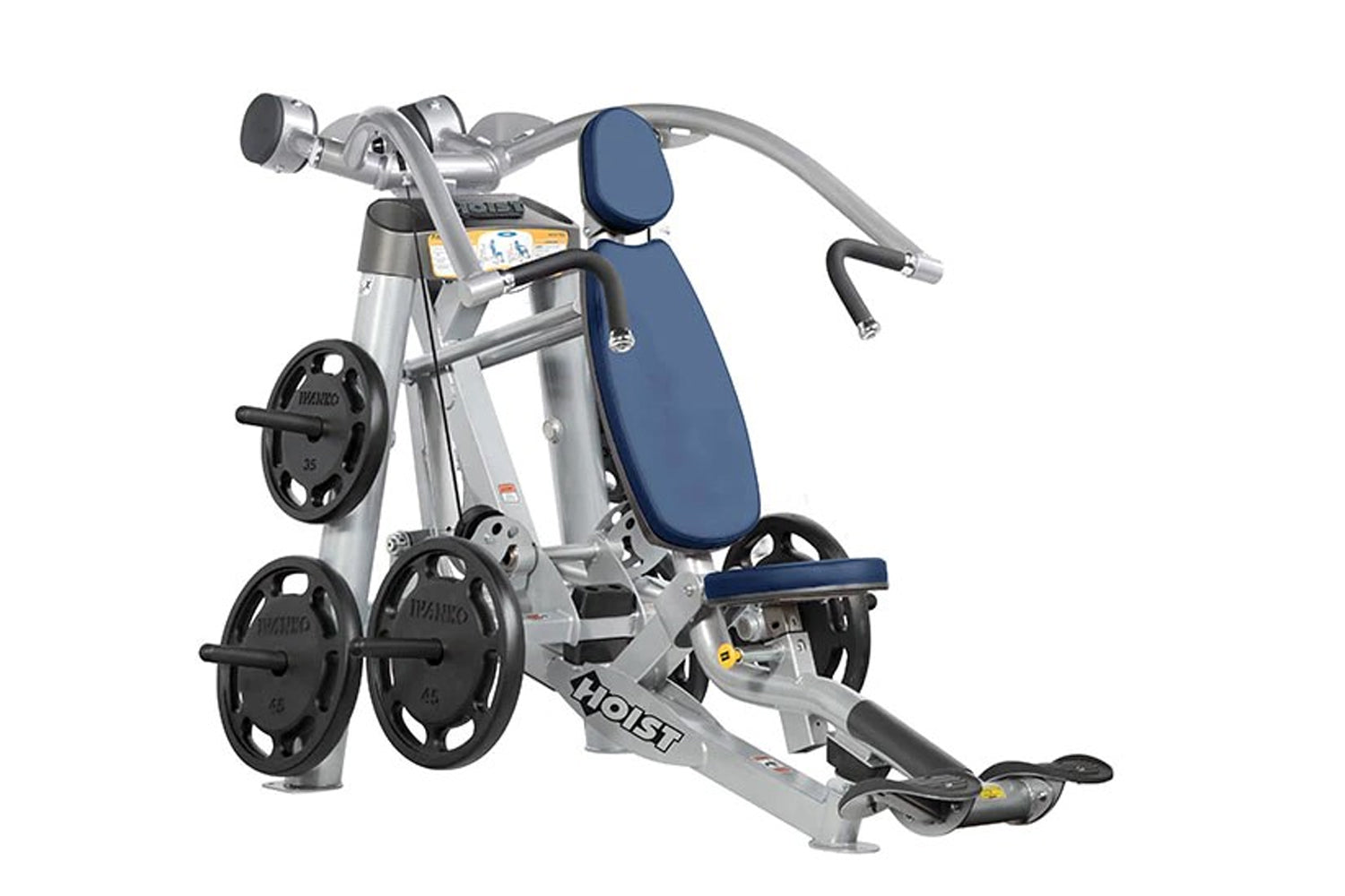 Hoist ROC-IT Incline Chest Press Machine with silver frame, blue padded seat and backrest, black weight plates, and dual hand