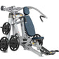 Silver and black Hoist ROC-IT incline chest press machine with blue padded backrest and seat, weight plate storage, and dual 