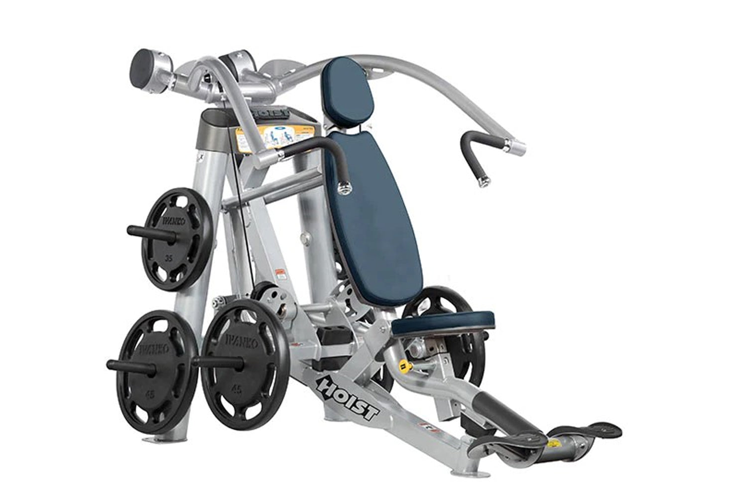 Silver and black Hoist ROC-IT incline chest press machine with blue padded backrest and seat, weight plate storage, and dual 