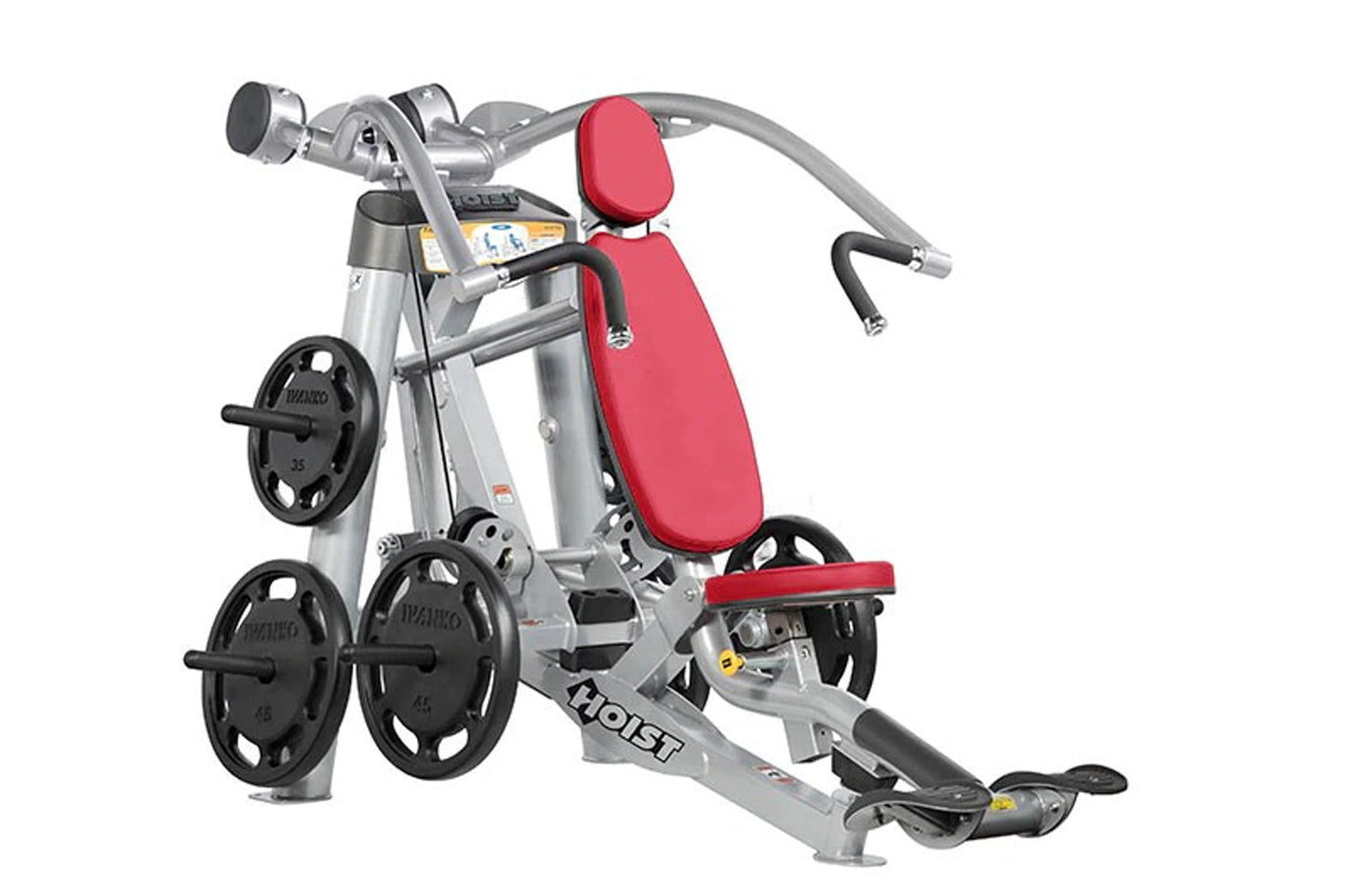 Silver and red Hoist ROC-IT Incline Chest Press Machine with black weight plates, padded red seat and backrest, on white back