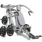 Hoist ROC-IT silver and black incline chest press machine with padded seat, adjustable handles, and weight plate pegs on whit