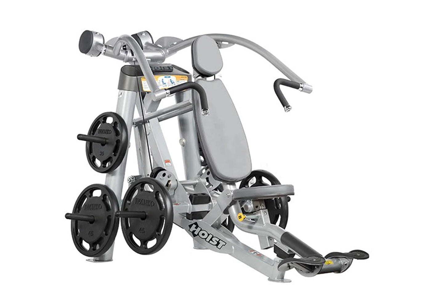 Hoist ROC-IT silver and black incline chest press machine with padded seat, adjustable handles, and weight plate pegs on whit