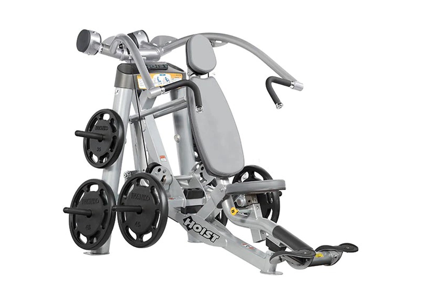 Hoist ROC-IT silver and black incline chest press machine with padded seat, adjustable handles, and weight plate pegs on whit