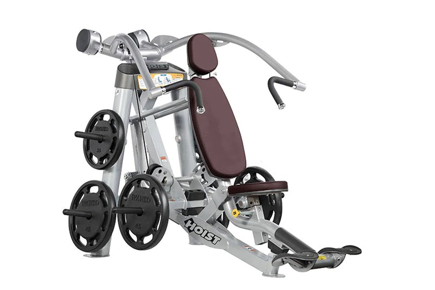 Hoist ROC-IT Incline Chest Press Machine with silver frame, burgundy padded seat and backrest, black weight plates, and dual 