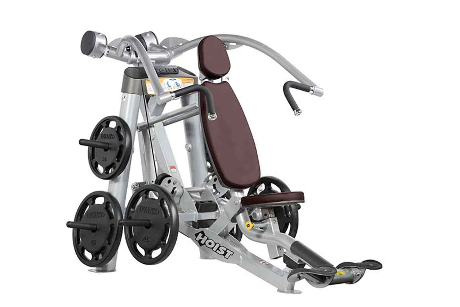 Hoist ROC-IT Incline Chest Press Machine with silver frame, burgundy padded seat and backrest, black weight plates, and dual 
