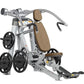 Hoist ROC-IT Incline Chest Press Machine with silver frame, tan padded seat and backrest, black weight plates, and foot pedal