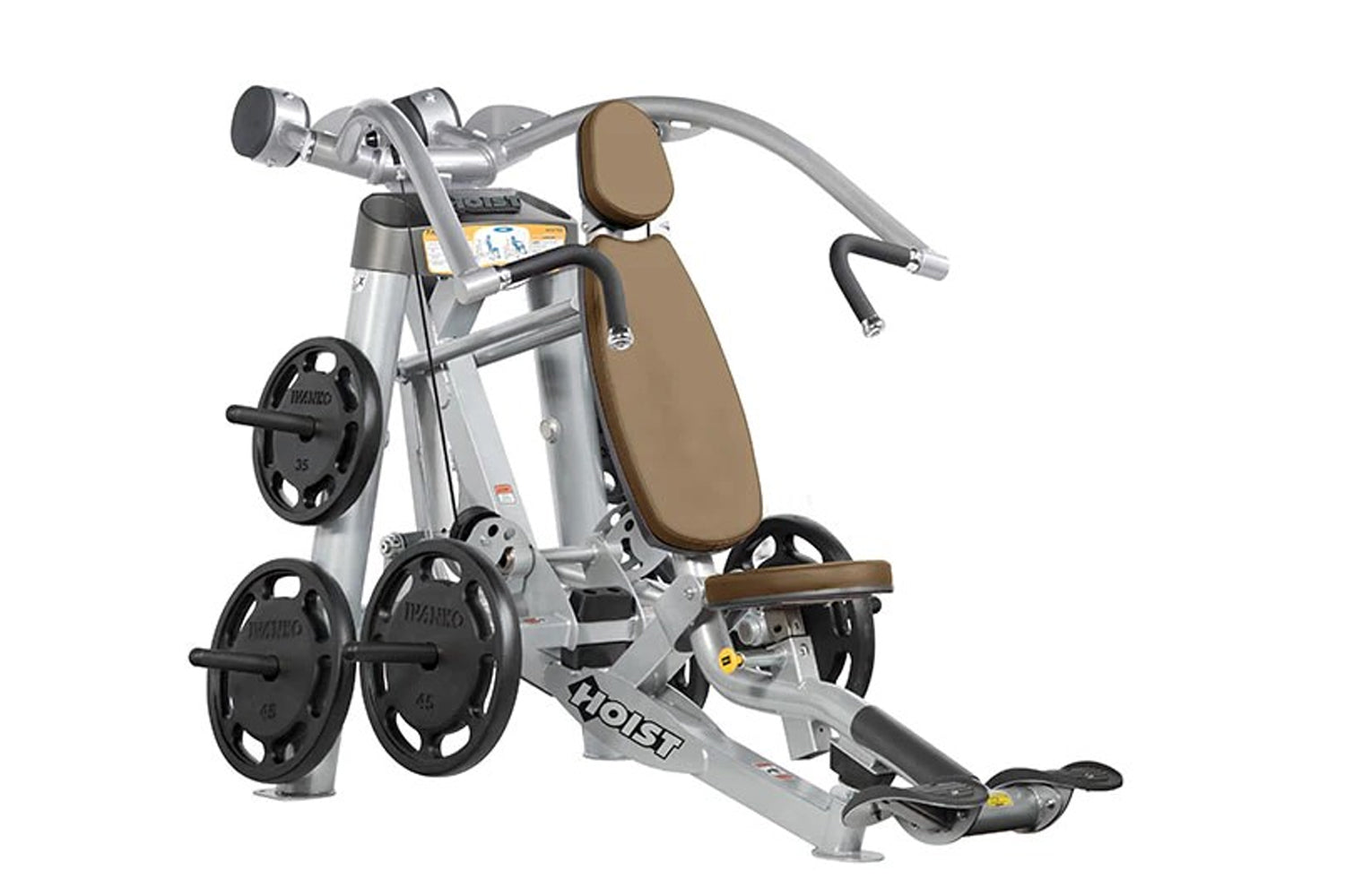 Hoist ROC-IT Incline Chest Press Machine with silver frame, tan padded seat and backrest, black weight plates, and foot pedal