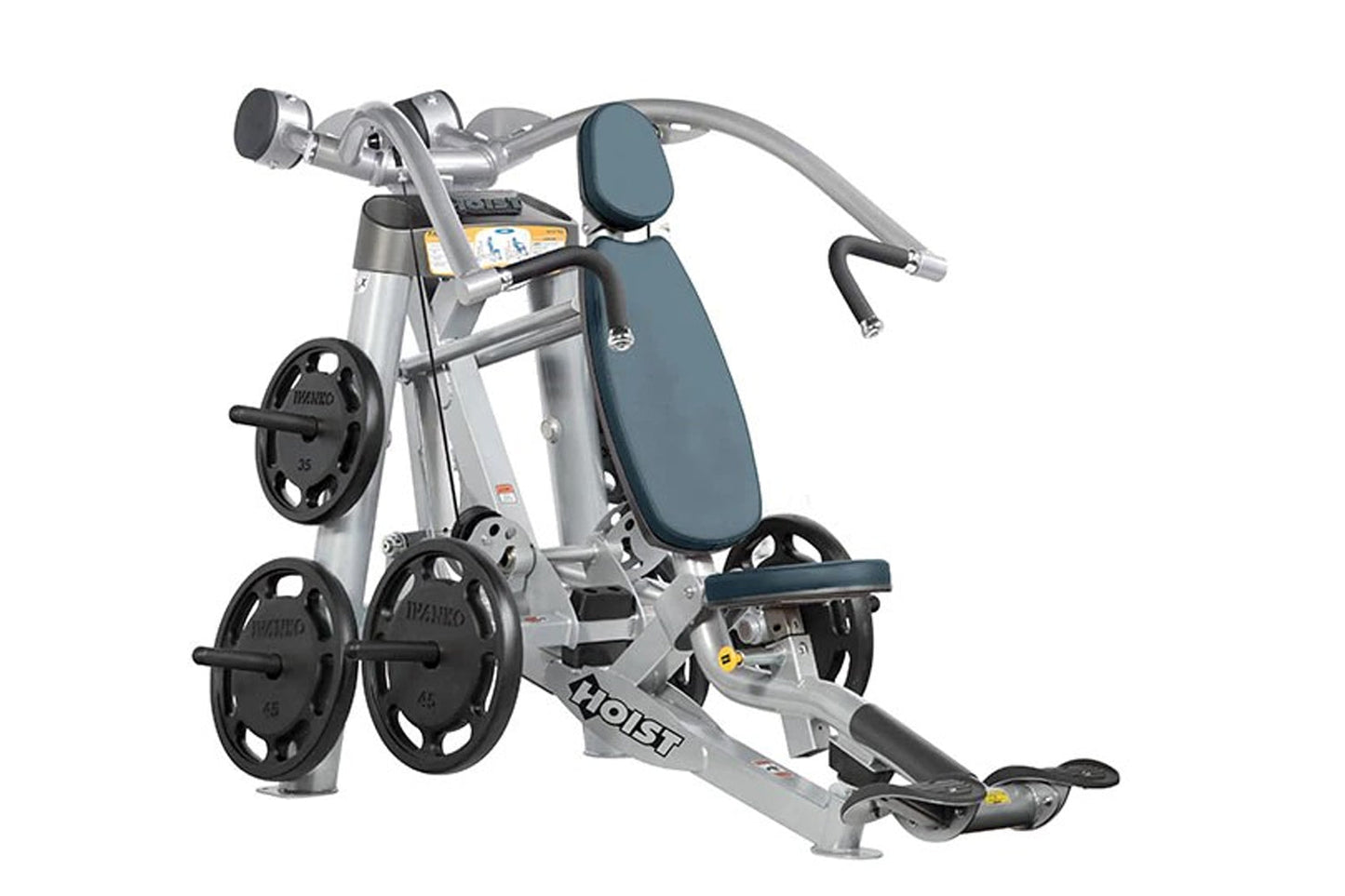 Hoist ROC-IT Incline Chest Press Machine with silver frame, blue padded seat and backrest, black weight plates, and dual hand