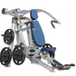 Hoist ROC-IT Incline Chest Press Machine with silver steel frame, blue padded seat and backrest, black weight plates, and dua