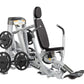 Hoist ROC-IT silver and black decline chest press machine with padded seat, backrest, black weight plates, and footrest on wh