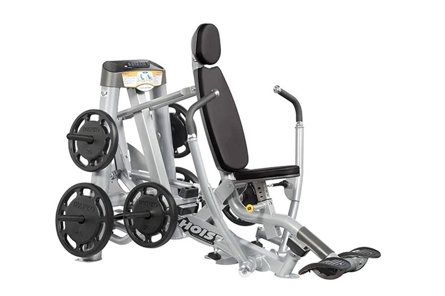 Hoist ROC-IT silver and black decline chest press machine with padded seat, backrest, black weight plates, and footrest on wh