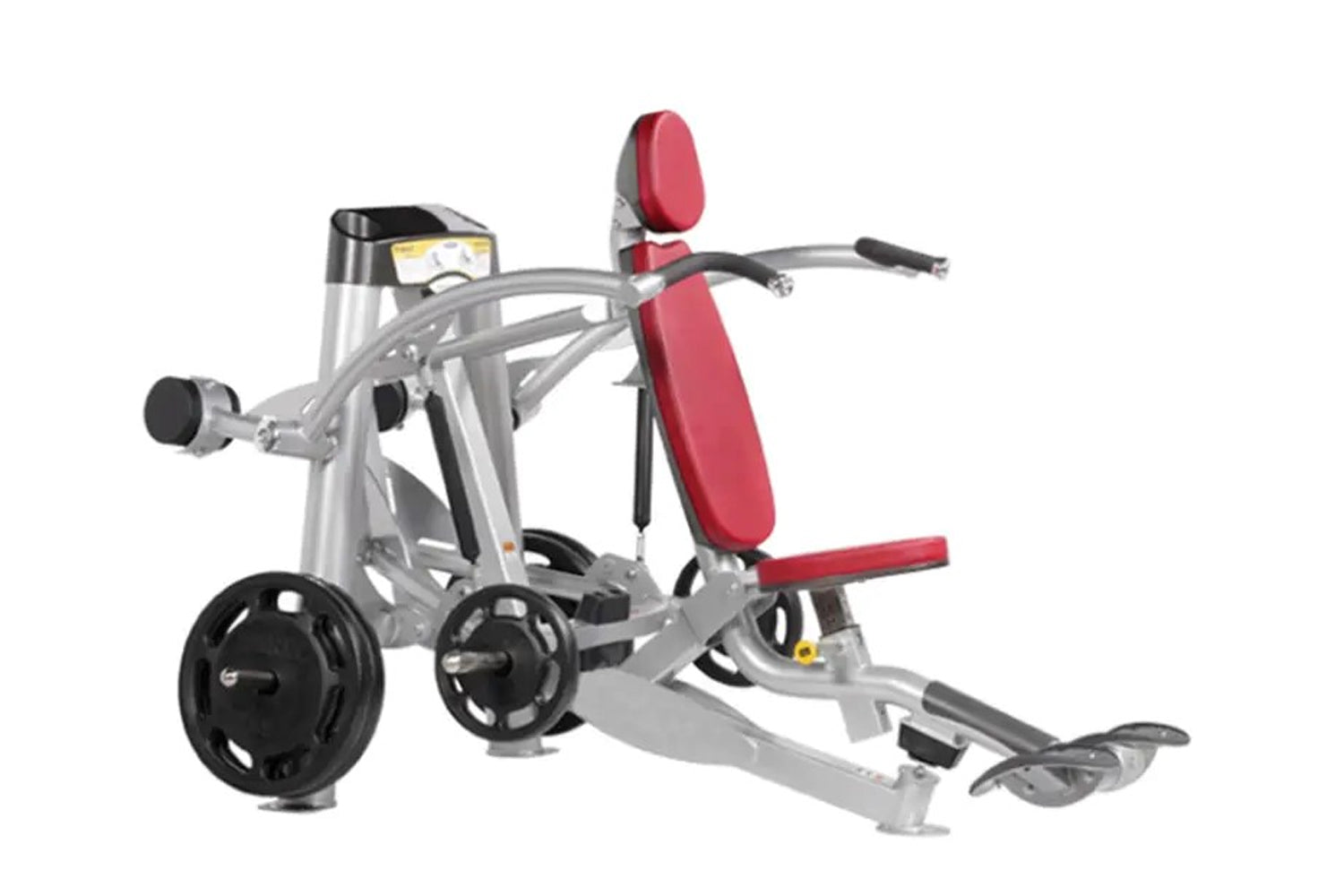 Hoist ROC-IT Decline Chest Press Machine with red padded seat and backrest, silver steel frame, black foot pedals, and digita