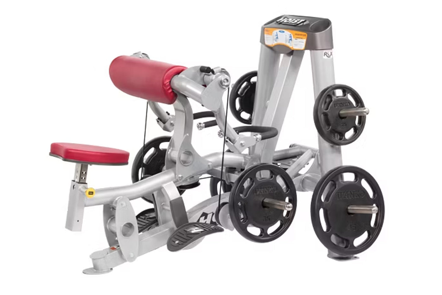 Hoist ROC-IT decline chest press machine with silver frame, red padded seat and backrest, black weight plates, and digital di