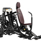 Black and burgundy Hoist ROC-IT leg press machine with weighted plates, control panel, and padded seat on white background