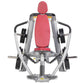 Hoist ROC-IT decline chest press machine with red padded seat and backrest, silver metal frame, black handles, and weight sta