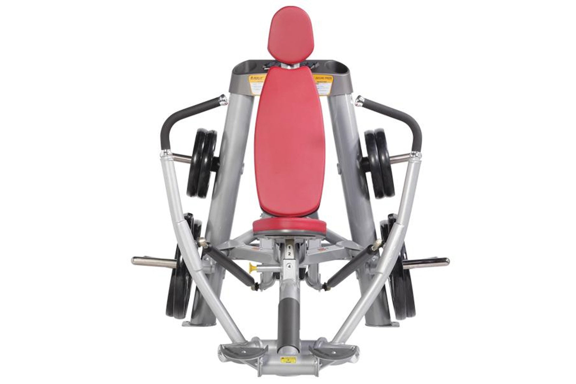 Hoist ROC-IT decline chest press machine with red padded seat and backrest, silver metal frame, black handles, and weight sta
