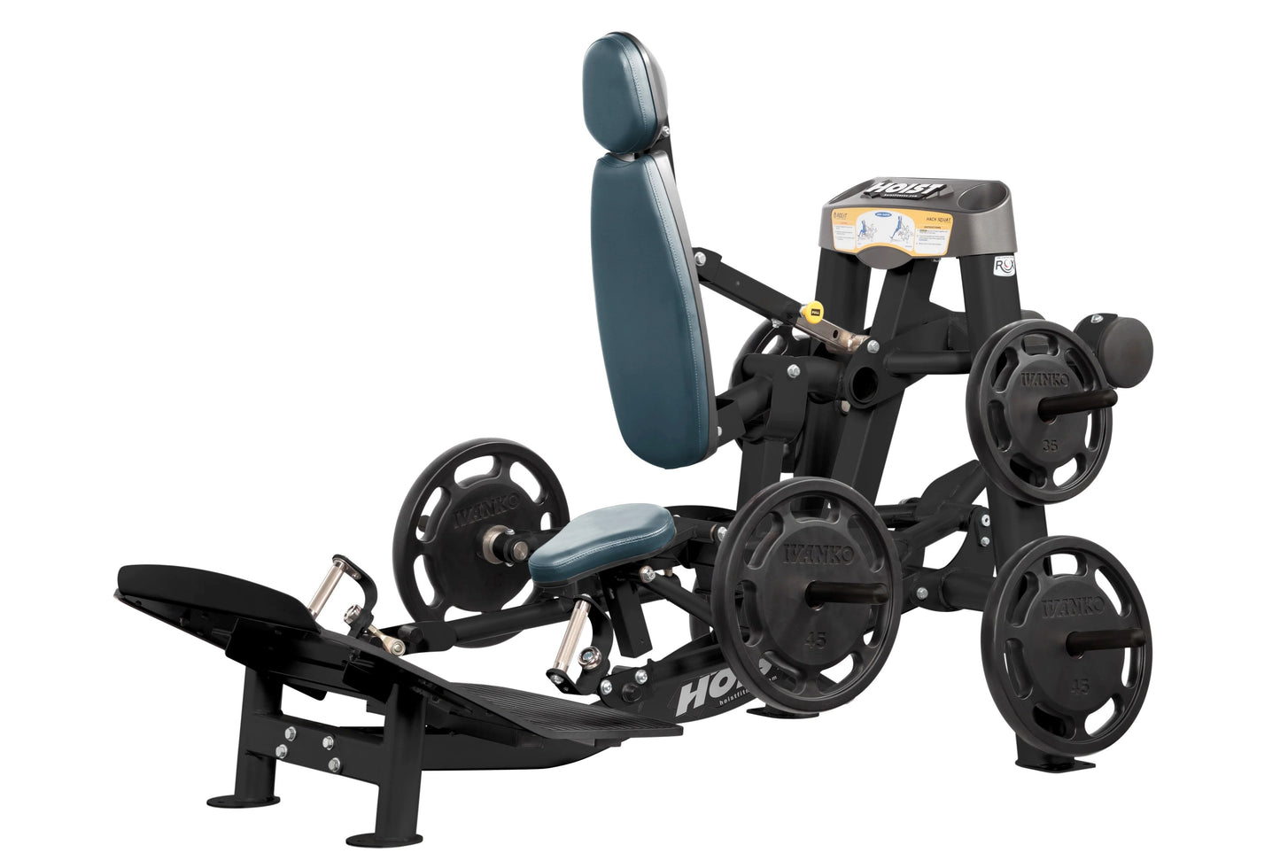 Hoist ROC-IT Hack Squat machine with teal padded backrest and seat, black frame, and weight plate holders on white background