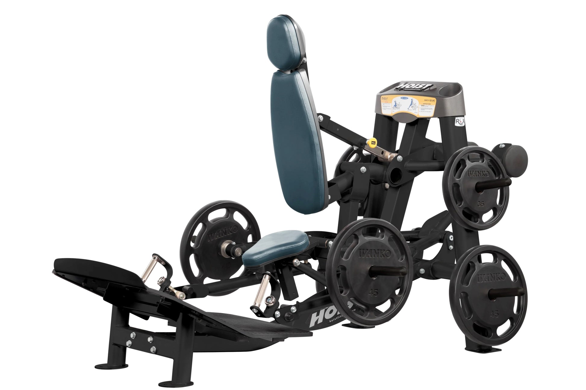 Hoist ROC-IT Hack Squat machine with teal padded backrest and seat, black frame, and weight plate holders on white background