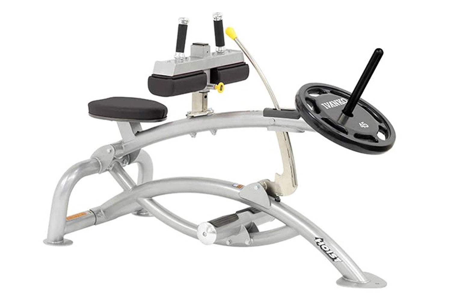 Gray and black Hoist seated calf raise machine with black padded seat, dual handles with yellow accents, and weight plate att